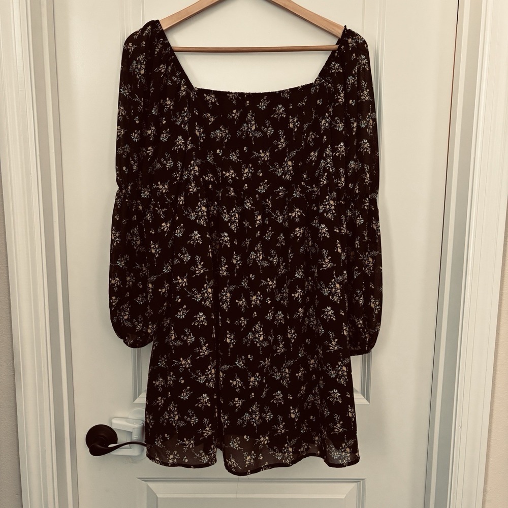 EXLURA Women's Black Floral   Y2K  Baby Doll  Goth Mini Dress L Dark Romantic
